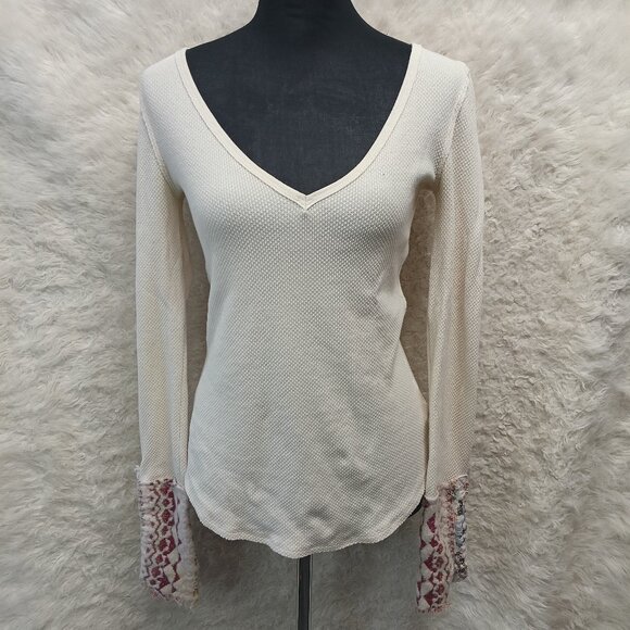 Free People We the Free Women Art School Cuff V-Neck Thermal Shirt Cream Size M - Picture 1 of 10